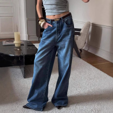 辣妹小众设计复古阔腿牛仔裤女四季款宽松直筒高腰显瘦拖地长裤子