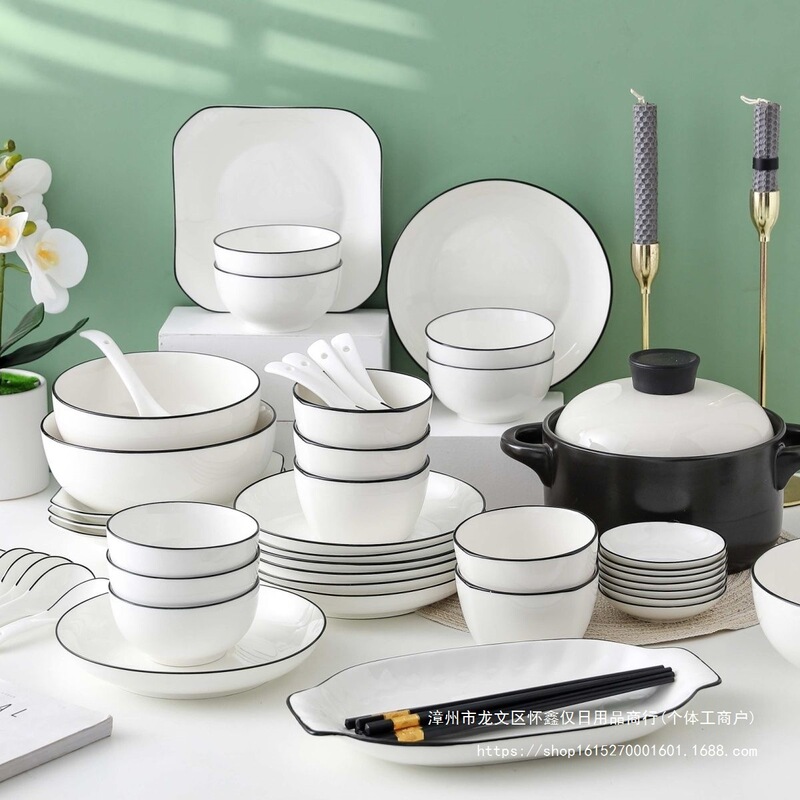 Ten-Person Ceramic Tableware, Simple Dishes and Bowls Set, Housewarming New Home, Complete Set of Bone China Anti-Scalding Dishes