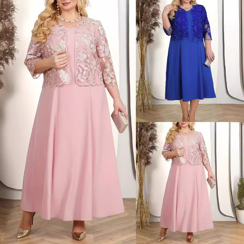 European and American Cross-border Spring and Summer New plus size Women's dress 2-piece Stitching Embroidered Lace Cocktail Dress