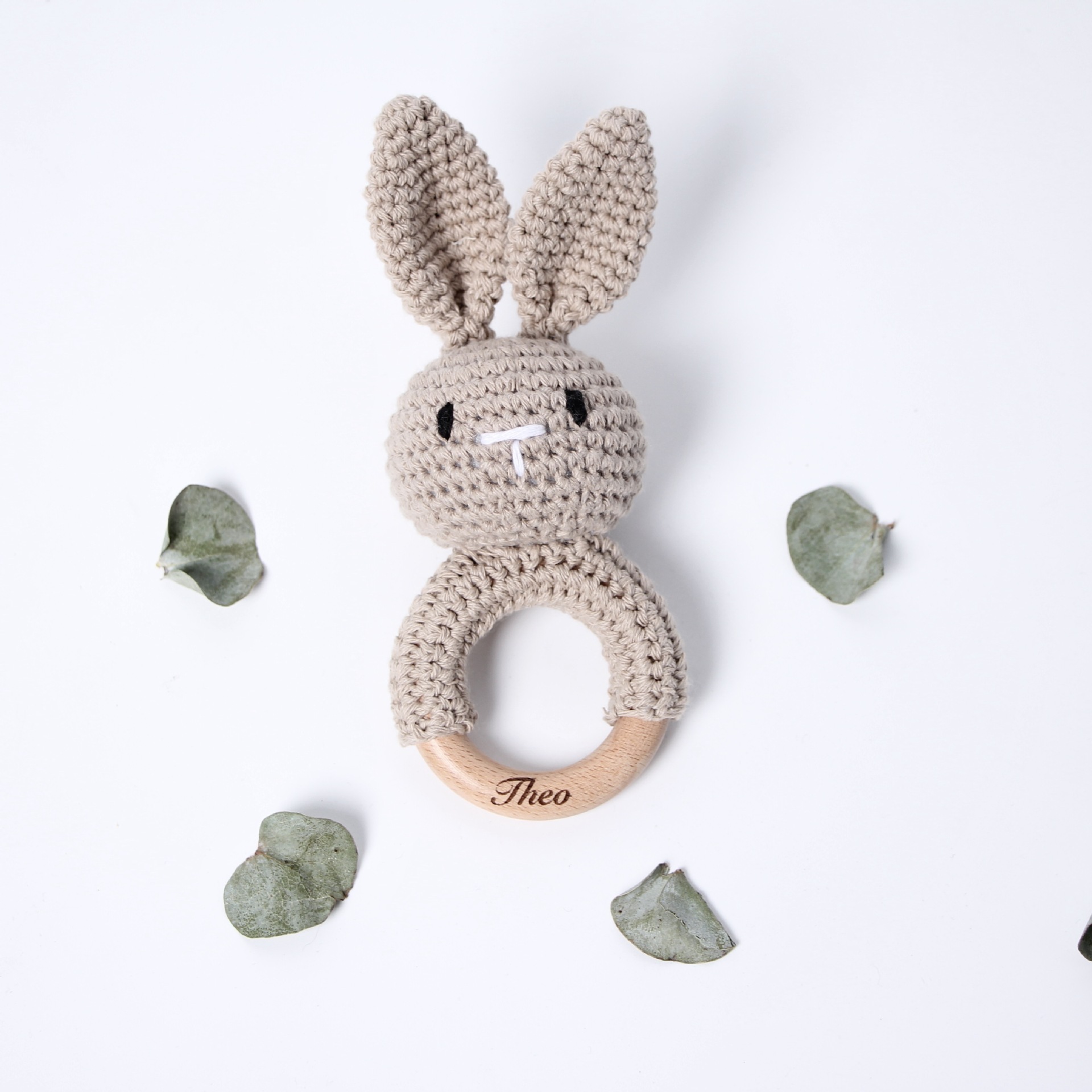 Crochet Rattle Baby Animal Conejo Pascua Crochet Meced Wood Hecho a mano Juguete tranquilizador