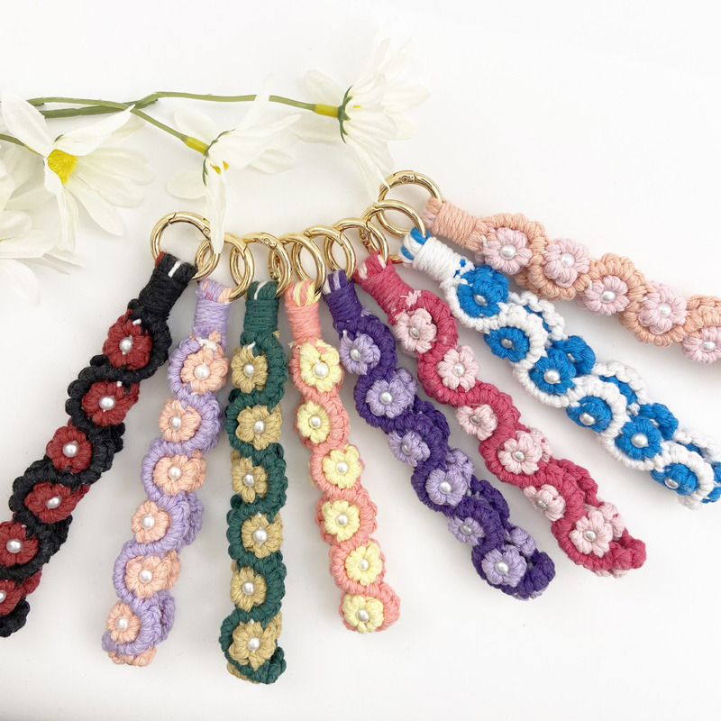 Pastoral Style Intangible Cultural Heritage Hand-Woven Wrist Strap Keychain Wholesale Cross-Border Popular Flower Rose Keychain