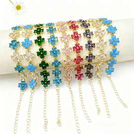 欧美热卖铜保色电镀彩色水晶石四叶草手链 潮流轻奢叶子男女手饰