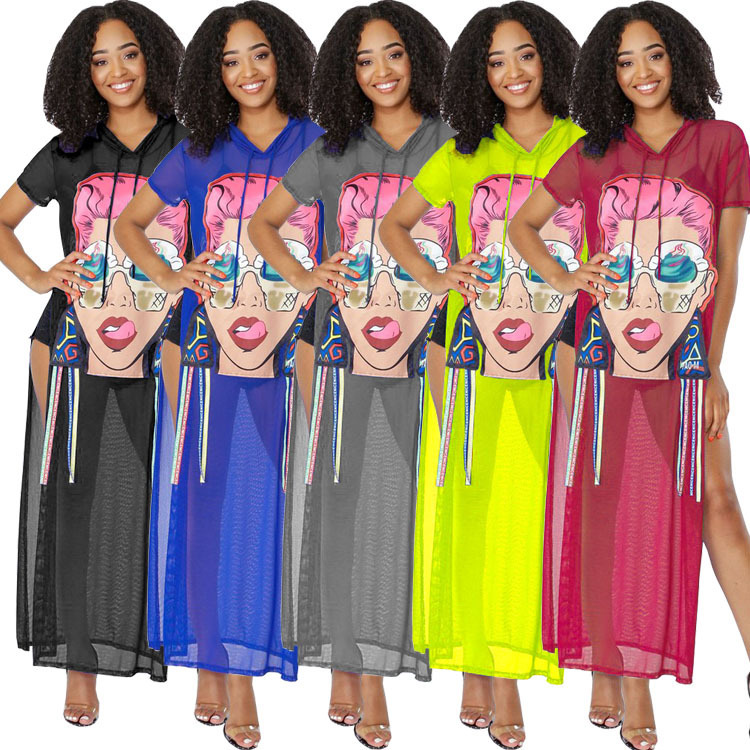 Amazon Cross-Border Women's Clothing Cartoon Girl Pattern Mesh See-Through Versatile High-Slit Sexy Hooded Long Dress Amazon Cross-Border Women's Clothing Cartoon Girl Pattern Mesh See-Through Versatile High-Slit Sexy Hooded Long Dress