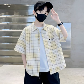 男童夏季新款格子短袖衬衫中大童翻领休闲百搭潮流衬衣男孩上衣夏