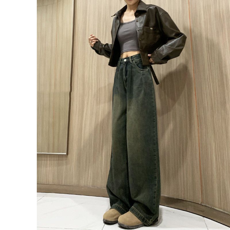 플러스 사이즈 뚱뚱한 시멘트 회색 넓은 다리 청바지 여성의 봄과 가을 2024 새로운 높은 허리 슬리밍 느슨한 스트레이트 바지