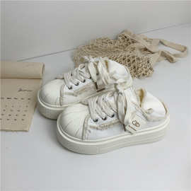 远波厚底板鞋2026春流苏拼接休闲板鞋百搭厚底踩脚两穿帆布鞋3617