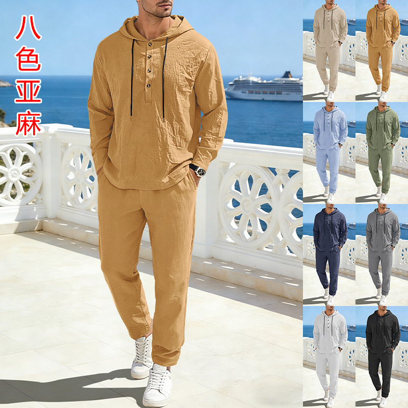 Cross-Border Men's Clothing European and American Tk Amazon Men's New Linen Solid Color Hooded Drawstring Long-Sleeve Long Pants Men's Set