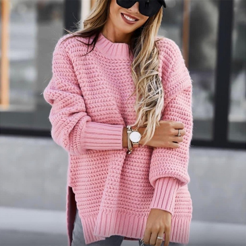 Suéter de Punto con Cuello Medio Alto, Color Sólido, Abertura Lateral con Puños, Estilo Europeo y Americano, Nueva Colección de Invierno 2025 para Mujer