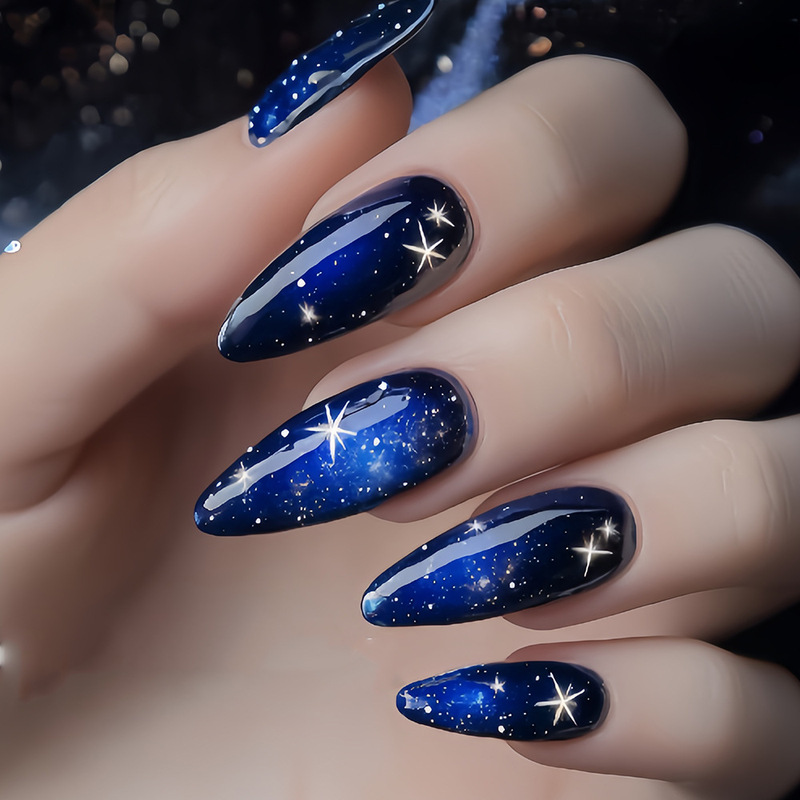 Almond Nails Are Elegant and Cool, Blue Sky Stars, Polka Dots, Gradient Smudged Glossy Glossy Whitening Fake Nails Almond Nails Are Elegant and Cool, Blue Sky Stars, Polka Dots, Gradient Smudged Glossy Glossy Whitening Fake Nails