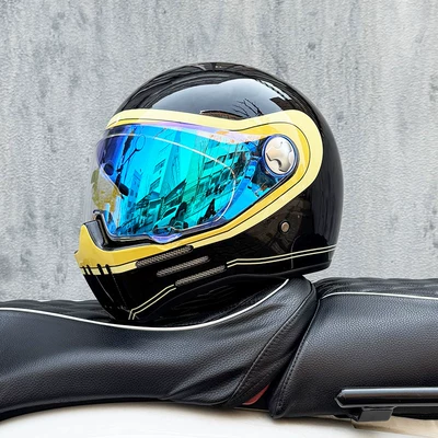 Motosiklet kaskı (dəbilqə): Helmet for Men and Women, Full-Face - bright-black-track-with-phantom-blue-night-vision-transparent-mirror-included-m