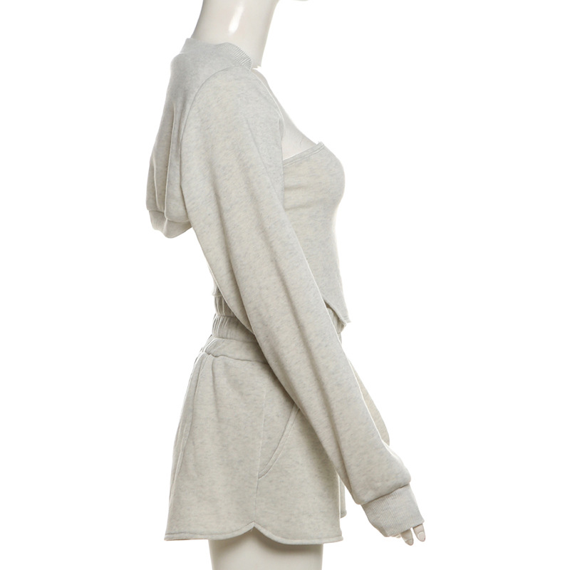 Autumn Winter Women Clothing Solid Color Sexy Tube Top Vest Cardigan Outer Casual Shorts Three Piece Set for Women