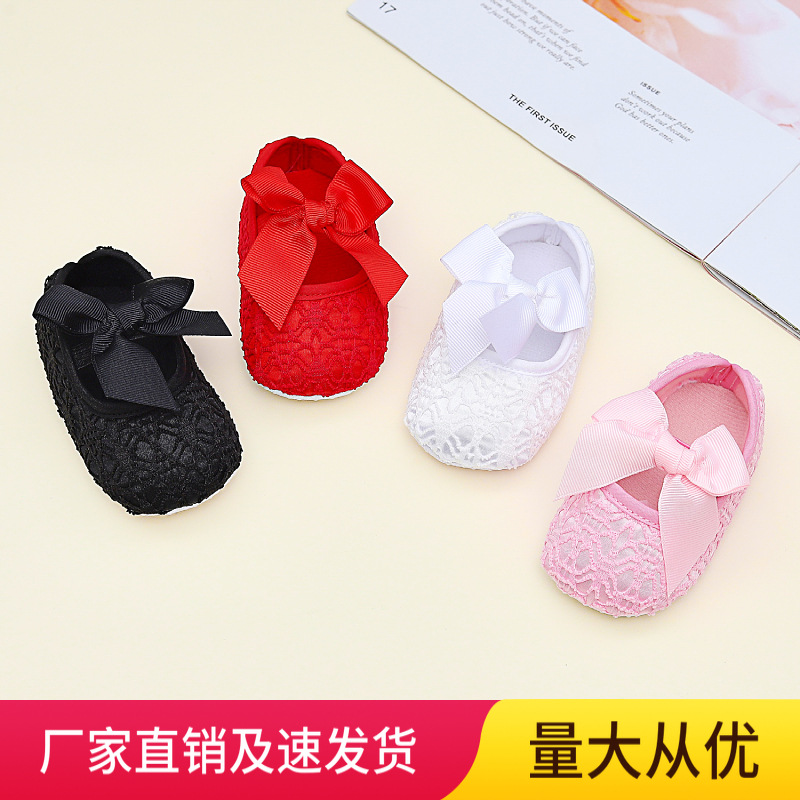 厂家直销0-12个月宝宝鞋软底公主鞋婴儿鞋蕾丝粉色蝴蝶结不掉鞋