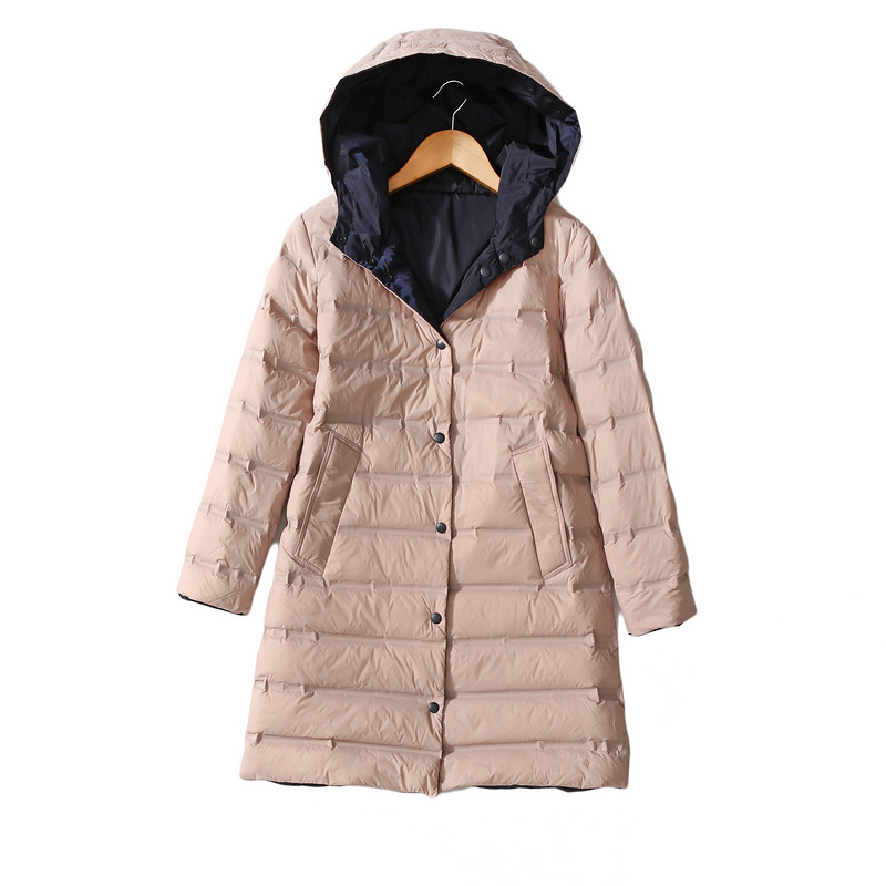 P17 Double-Sided Reversible Seamless Adhesive Technology 90 White Duck down Hooded Mid-Length down Jacket for Women, Warm and Lightweight