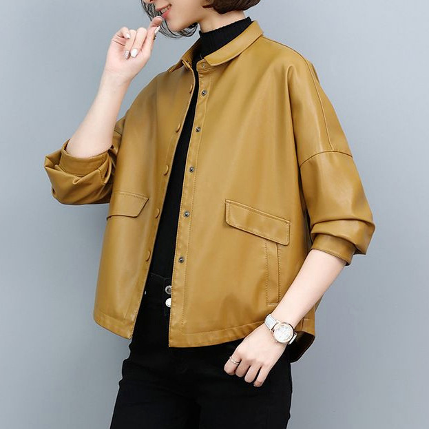 Haining Korean Style 2025 Spring & Fall New Loose Jacket Women's Fashion Casual Pure Color Short Leather Jacket Versatile Top Women
