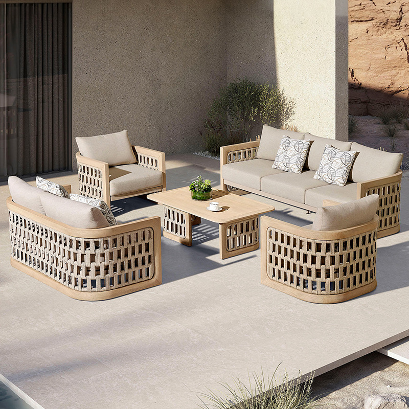 Sofá al aire libre patio villa jardín al aire libre impermeable protección solar combinación de madera maciza balcón simple ocio muebles de caña