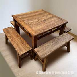 老榆木八仙桌原木方桌简约正方民宿仿古实木餐桌茶桌家用桌椅组合