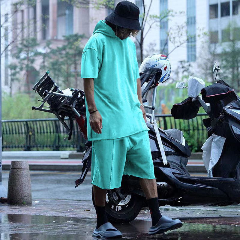 2024 Men's Short Sleeve Shorts Oversize Fur Loose Sports Casual Hooded Set_mkmklike.com