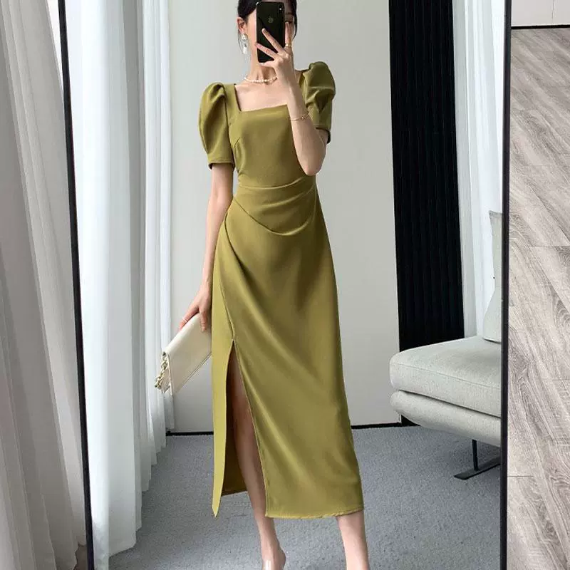 Женское летнее роскошное зеленое длинное платье больших размеров с квадратным вырезом и разрезом, уникальное платье больших размеров со складками 100kg