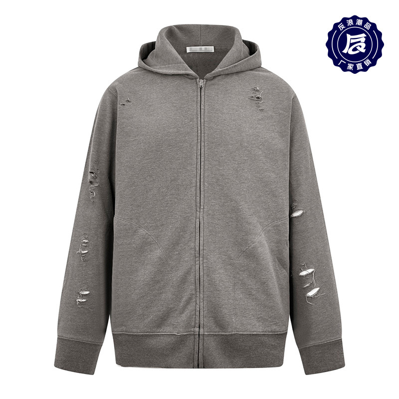 25as Letter Print Distressed Zipper Hoodie Jacket Unisex Fashion Hoodie Autumn Distressed Sweatshirt