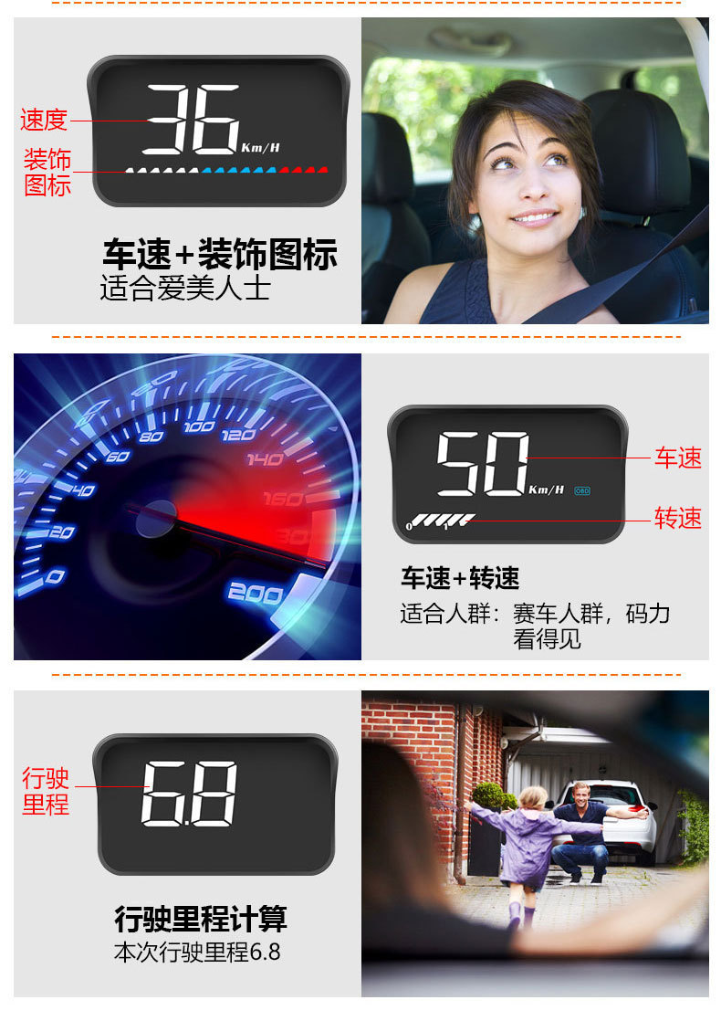 Car HUD Head-Up Display OBD Universal Speedometer Water Temp