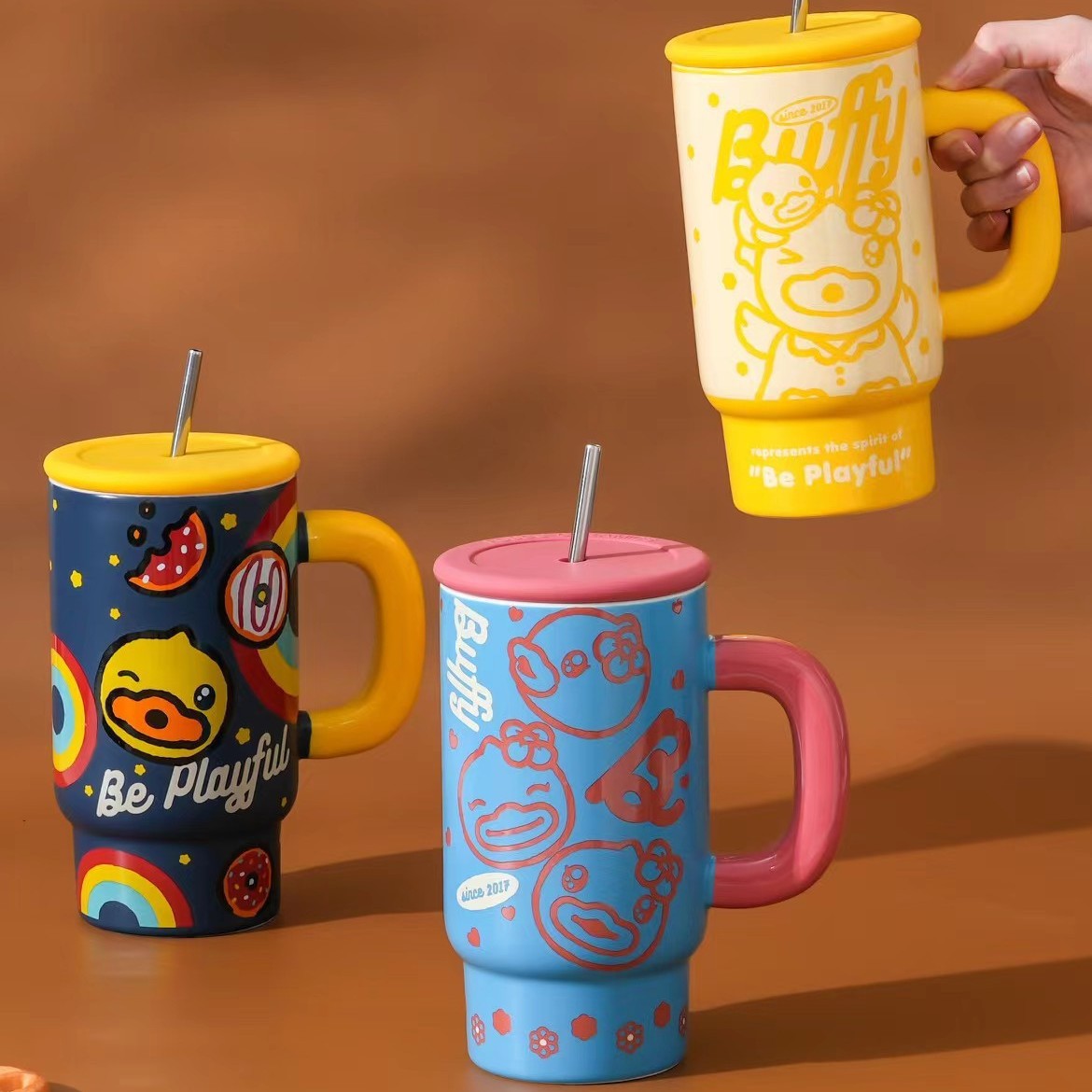 Auténtica licencia B. Duck personalidad pato amarillo taza de paja de cerámica acompañante regalo de cumpleaños taza de agua grande capacidad