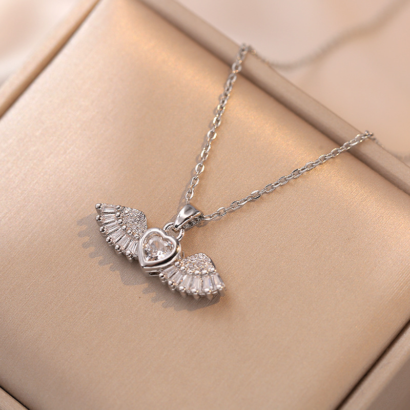 Daily, Date Occasion Titanium Steel Material Titanium Steel Sweet Heart Shape Wings Diamond Pendant Necklace