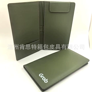 丝印白色logo橄榄绿PU皮革账单夹A5餐厅酒店收银用结账夹带笔槽