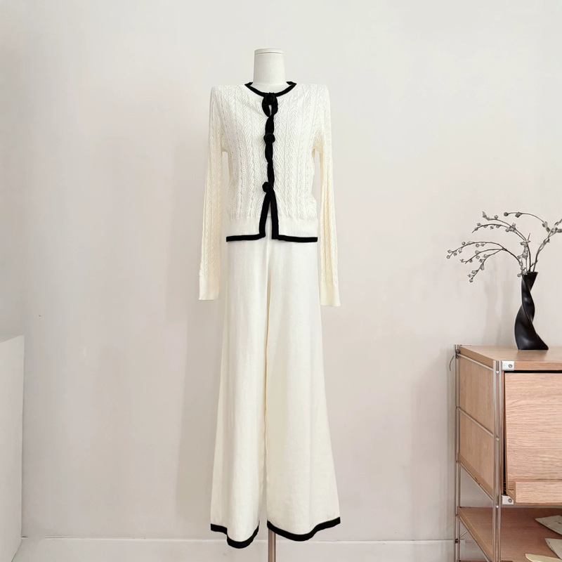 Camellia Poetry Ribbed Knit Cardigan and Straight-Leg Wide-Leg Casual Pants Set for Women, Off-White Two-Piece Outfit