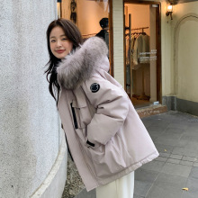 韩版连帽大毛领工装派克服羽绒服女2024新款小个子宽松白鸭绒外套