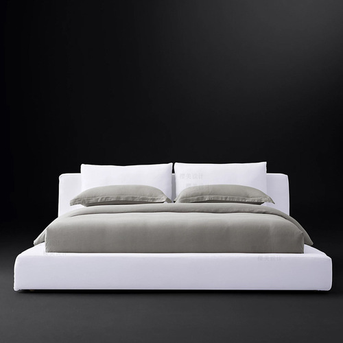 Italian Minimalist Guesthouse Fabric Bed, Nordic Modern, Washable, Solid Wood Double Bed, American Style RH Master Bedroom Low-Back Bed