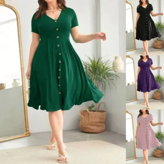 2025欧美新款春夏新款纯色外贸连衣中裙性感V领收腰短袖连衣裙