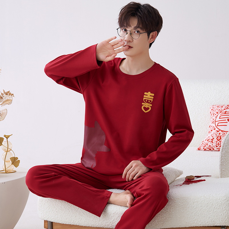 Venta al por mayor de primavera y otoño pijamas de algodón puro de los hombres de la boda jersey rojo más tamaño casual ropa de abrigo ropa de casa de dos piezas conjunto