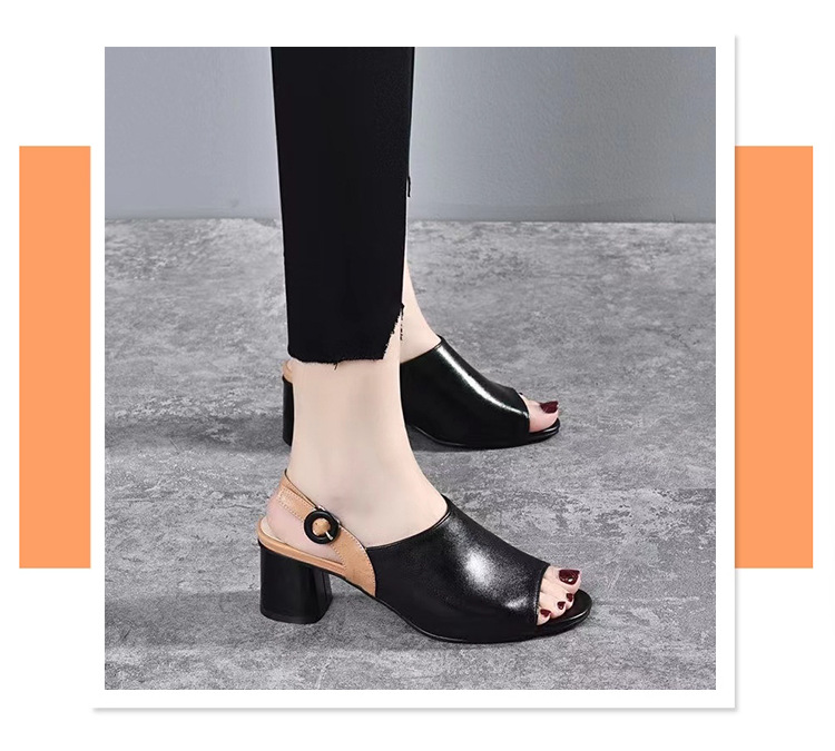 Sandal nữ quai ngang da mềm mũi hở gót vuông phong cách La Mã — Màu be chi tiết 2