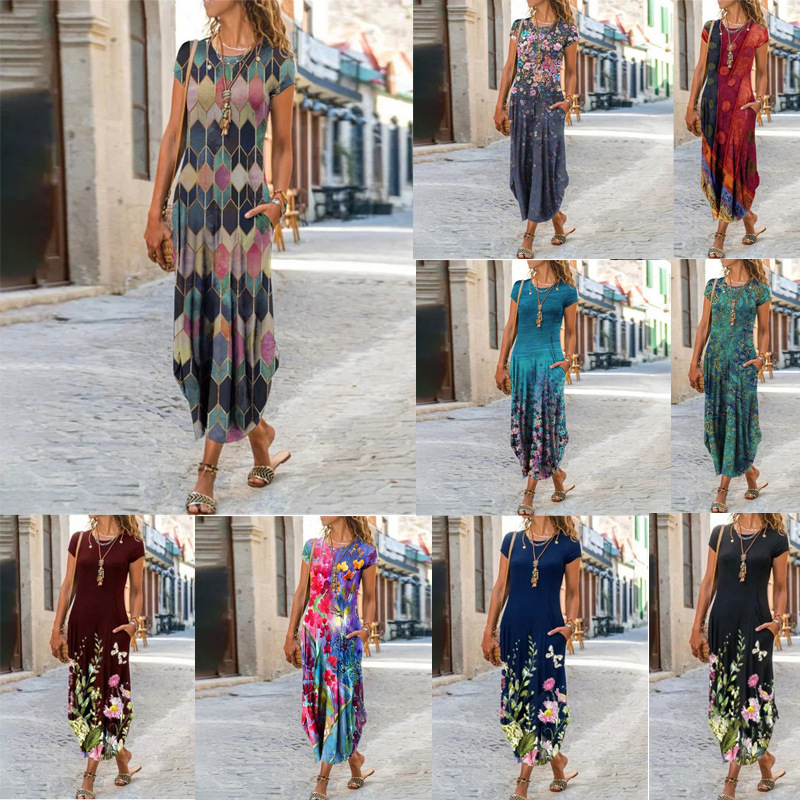 2022 European and American Cross-Border New Amazon Independent Site Women's Round Neck Pocket Short-Sleeve Trendy Printed Dress 2022 European and American Cross-Border New Amazon Independent Site Women's Round Neck Pocket Short-Sleeve Trendy Printed Dress