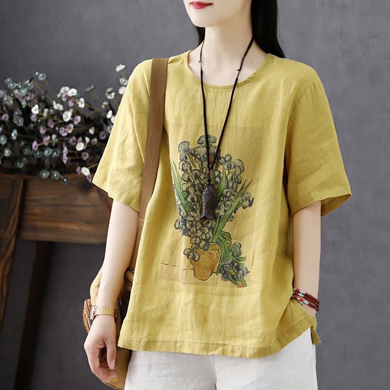 Cotton and linen T-shirt women's short sleeve 2023 Summer new women's top loose retro printed plus size women's T-shirt fashion