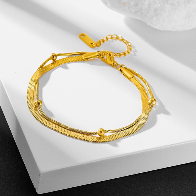 Simple Double-Layer Round Snake Clip Bead Blade Chain Non-Fading Titanium Steel Bracelet Women's Niche Design High-End Anklet Wholesale