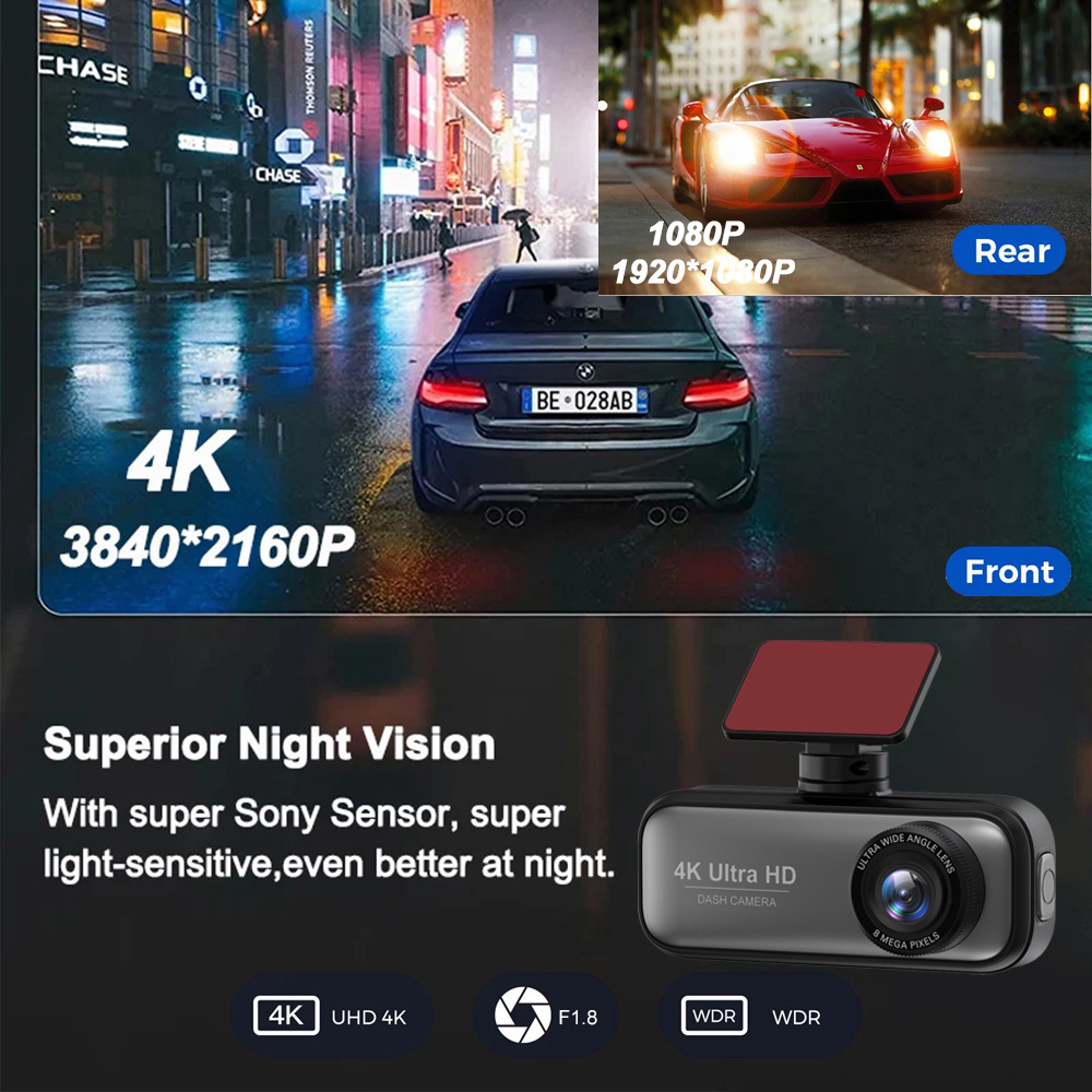 4K Ultra-High Definition Dual-Recording Dash Cam with Wifi, Mobile Phone Connectivity, Gps Tracking, and Parking Monitoring