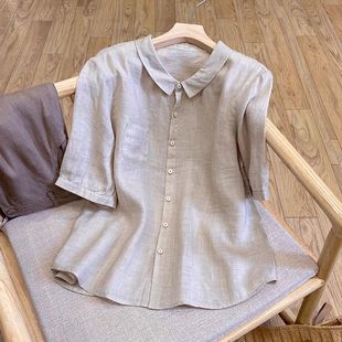 Summer 2025 loose-tailed single cotton short-sleeved shirt women's lightweight casual large size doll shirt top trend