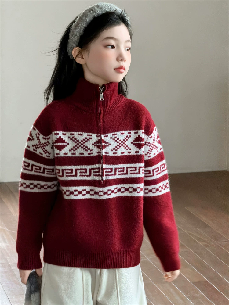 Девочки, корейский стиль Fair Isle ретро жаккардовый свитер 2025 зимний новый стиль, стойка, молния, топ-свитер, новогодняя одежда