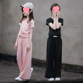女孩洋气短袖阔腿裤两件套春夏新款女童夏装纯色可爱中大童套装潮