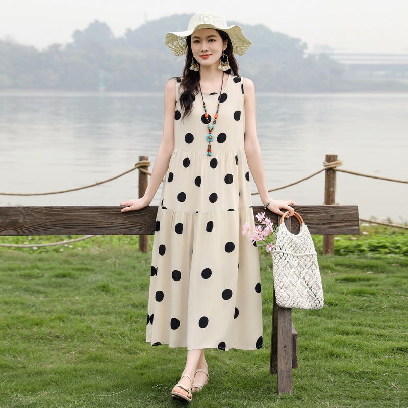 Sleeveless Cotton Silk Dress, Mid-Length Beach Dress, Summer Cotton Silk Fashionable Outerwear, Large Size Floral Slimming Tank Top Dress