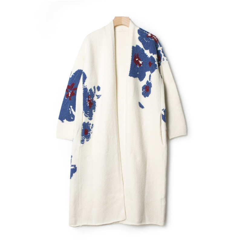 Gorgeous~ Wool Blend Blue Floral Jacquard Embroidery Long Knit Cardigan, New Style, Elegant for Work