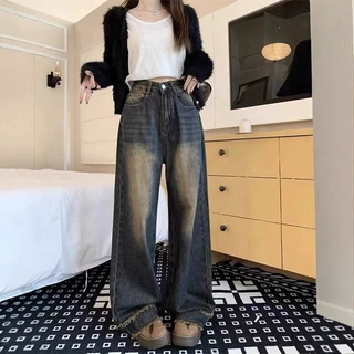 美式复古做旧牛仔裤女夏季高腰宽松直筒裤毛边阔腿裤拖地裤长裤子