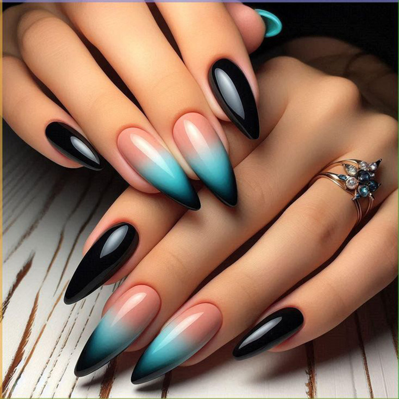 Wearable Almond-Shaped Black Gradient Green Smudged Removable Water Drop-Shaped Nail Pieces, 24 Pieces Wholesale