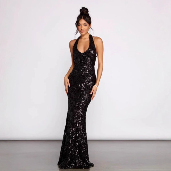 Black Sequin Evening Dress Classy Halterneck Slim Fishtail Skirt Birthday Party New Long Skirt Party Prom Dress Skirt