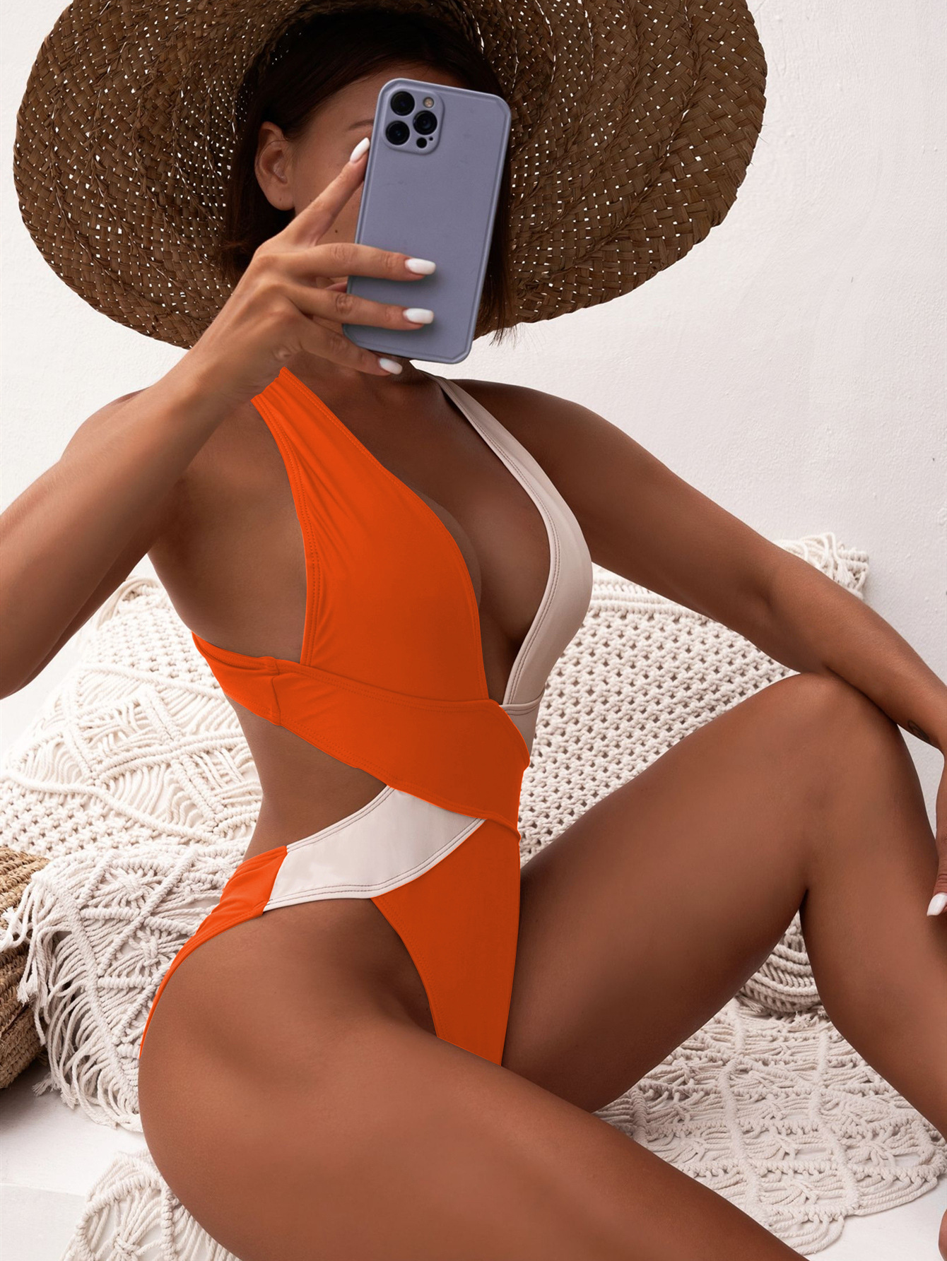 cross sling v neck backless color matching one-piece swimsuit NSCSM132326