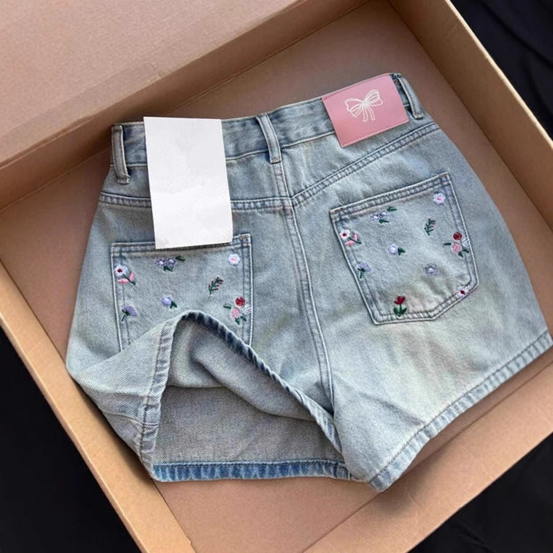 Really roar, look! Embroidered Flower Denim Shorts Women's Summer High Waist Slimming A- line Wide Leg Hot Trendy Ins Pants