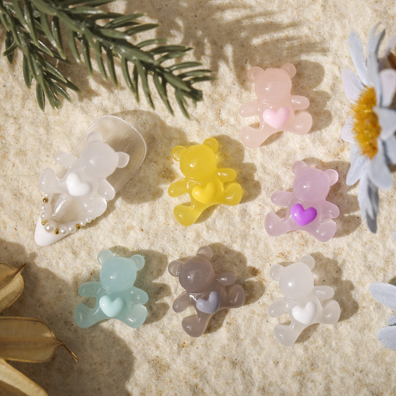 Summer Explosions Nail Bear Transparent Heart Color Jelly Stereo Small Mini Transparent Girl's Heart Nail Sticker