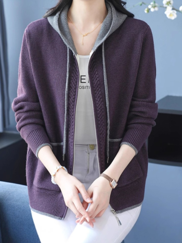 春秋新款毛衣外套女特大码妈妈连帽拉链针织开衫宽松外搭披肩上衣|undefined
