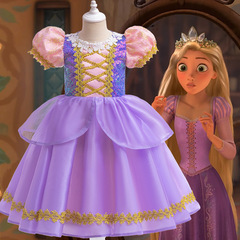 歐美新款cosplay長髮公主女童禮服裙泡泡袖拼接網紗連衣裙